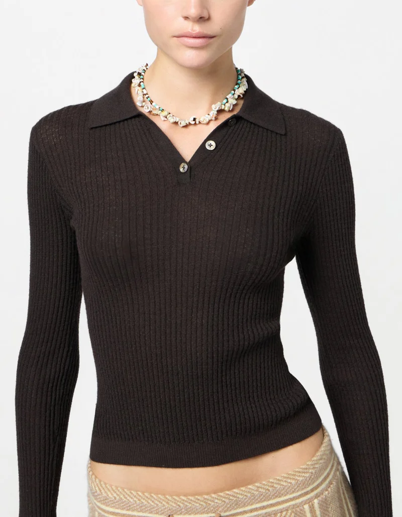 Geripptes Kaschmir-Polo Longsleeve Shrunken