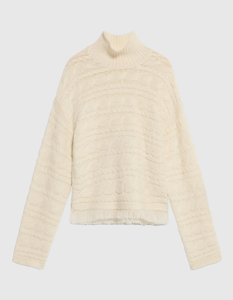 Woll-Kaschmir Zopfstrickpullover Crop Cable mit Fransen