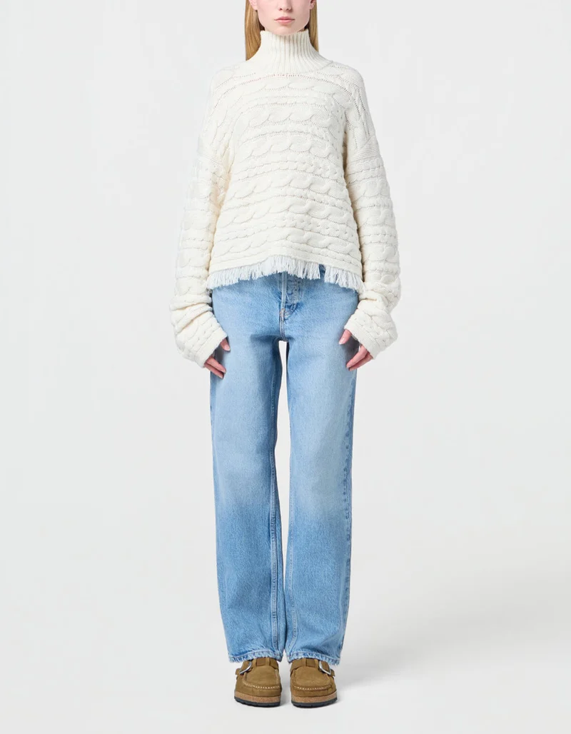 Woll-Kaschmir Zopfstrickpullover Crop Cable mit Fransen