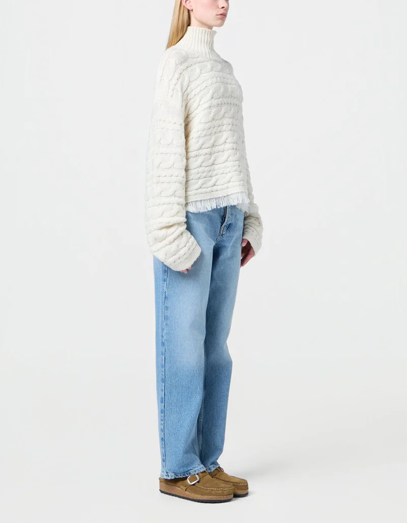 Woll-Kaschmir Zopfstrickpullover Crop Cable mit Fransen