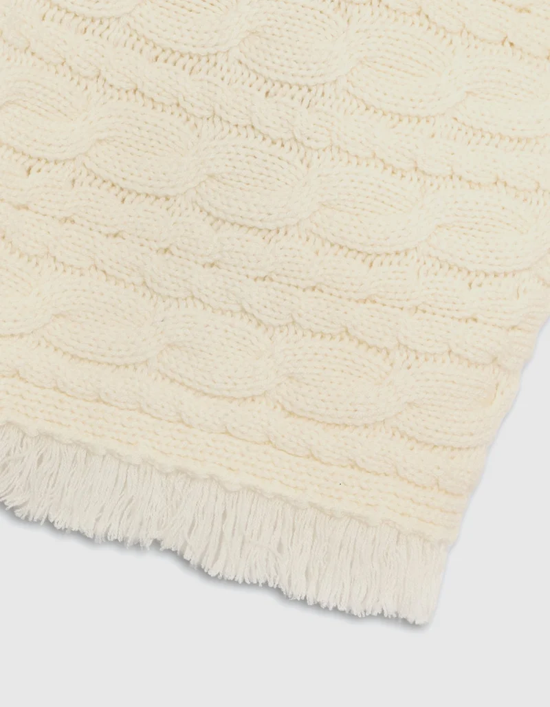 Woll-Kaschmir Zopfstrickpullover Crop Cable mit Fransen