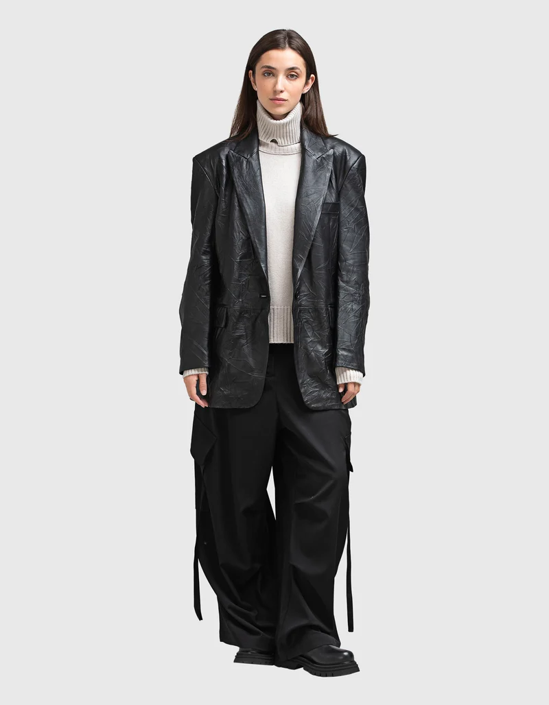 Oversize Leder-Blazer im Crinkle-Look
