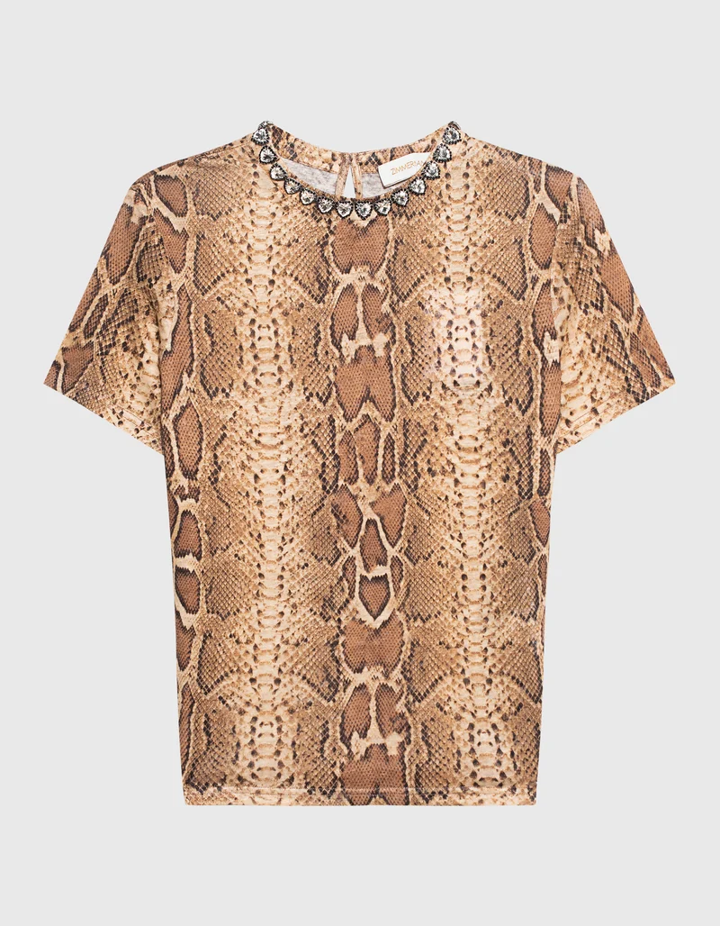 Gemustertes Leinen-Shirt mit Schmucksteinen