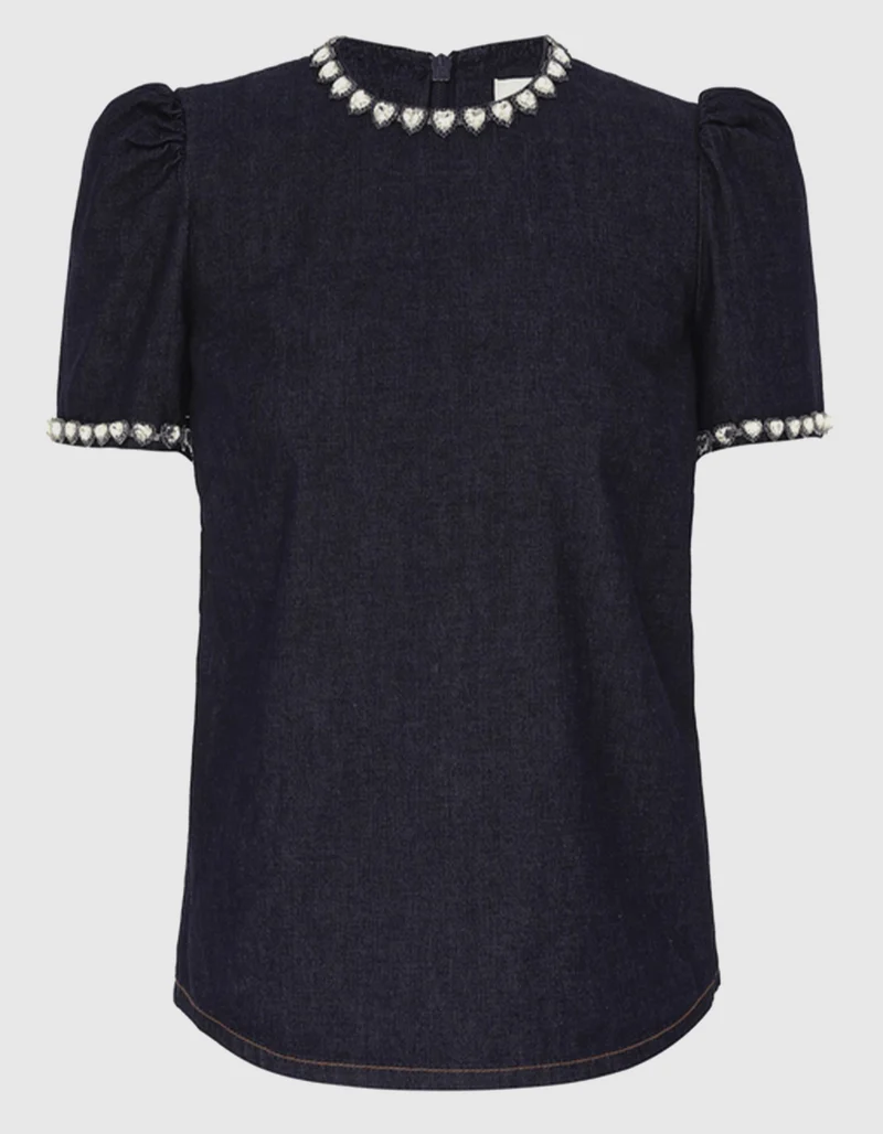 Denim Blusen-Top mit Schmucksteinen