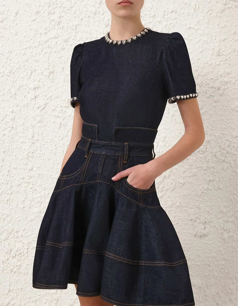 Denim Blusen-Top mit Schmucksteinen