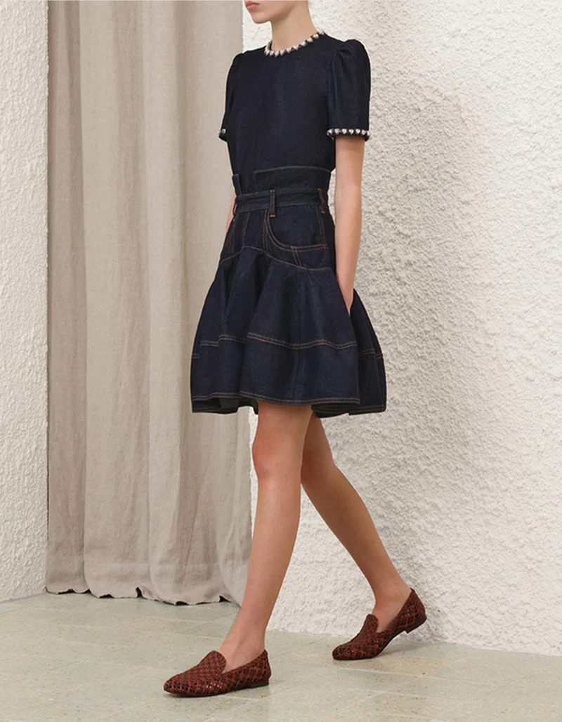 Denim Blusen-Top mit Schmucksteinen