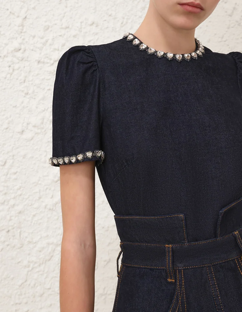 Denim Blusen-Top mit Schmucksteinen