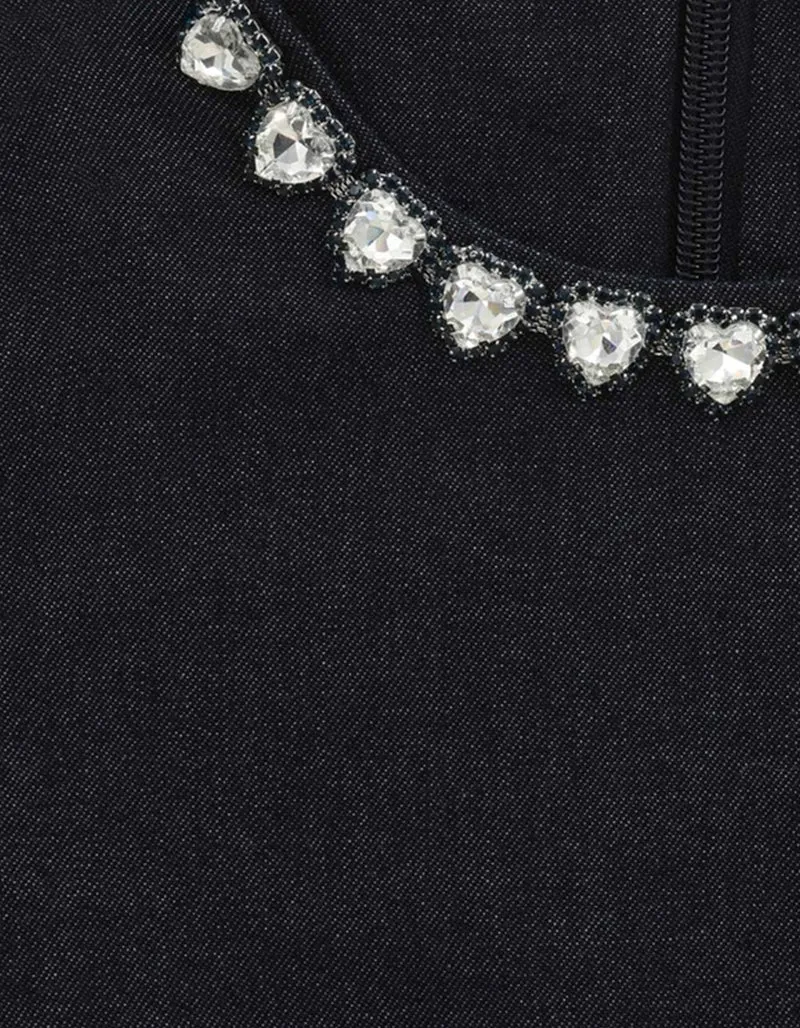 Denim Blusen-Top mit Schmucksteinen