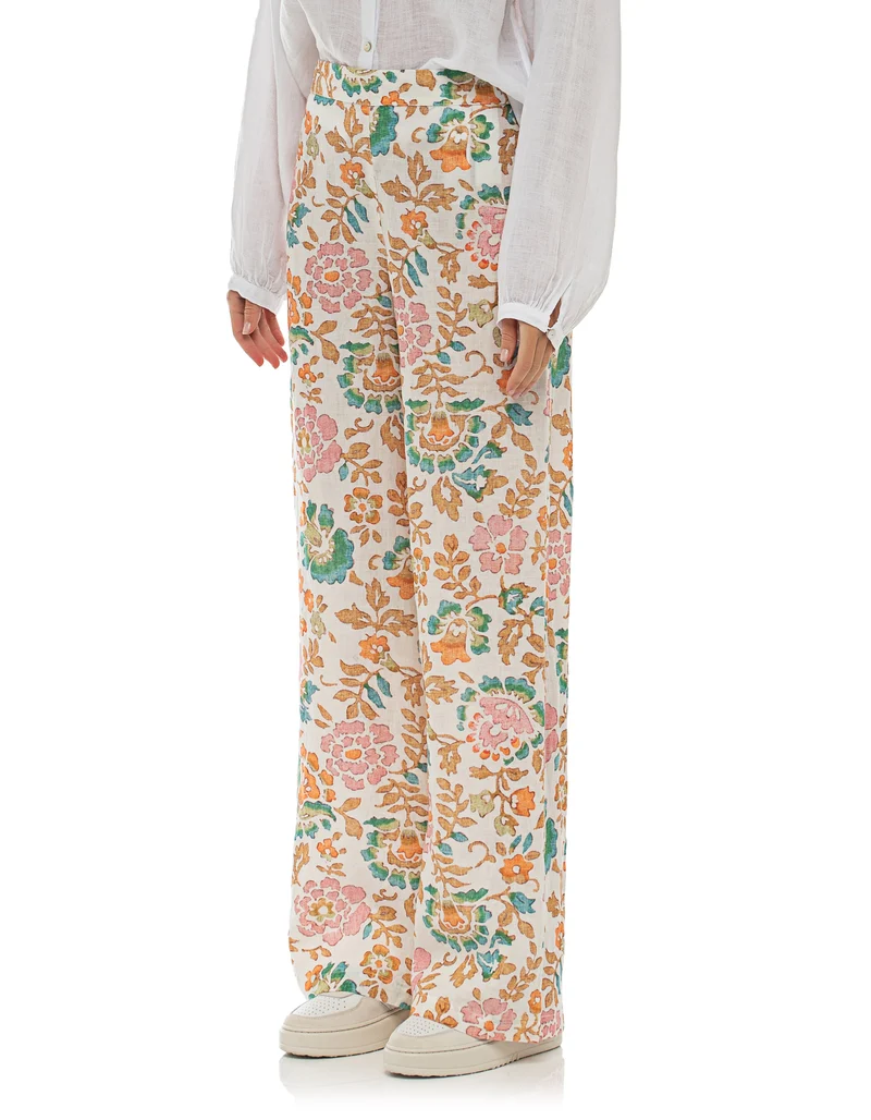 Florale Leinen-Wide-Leg Hose