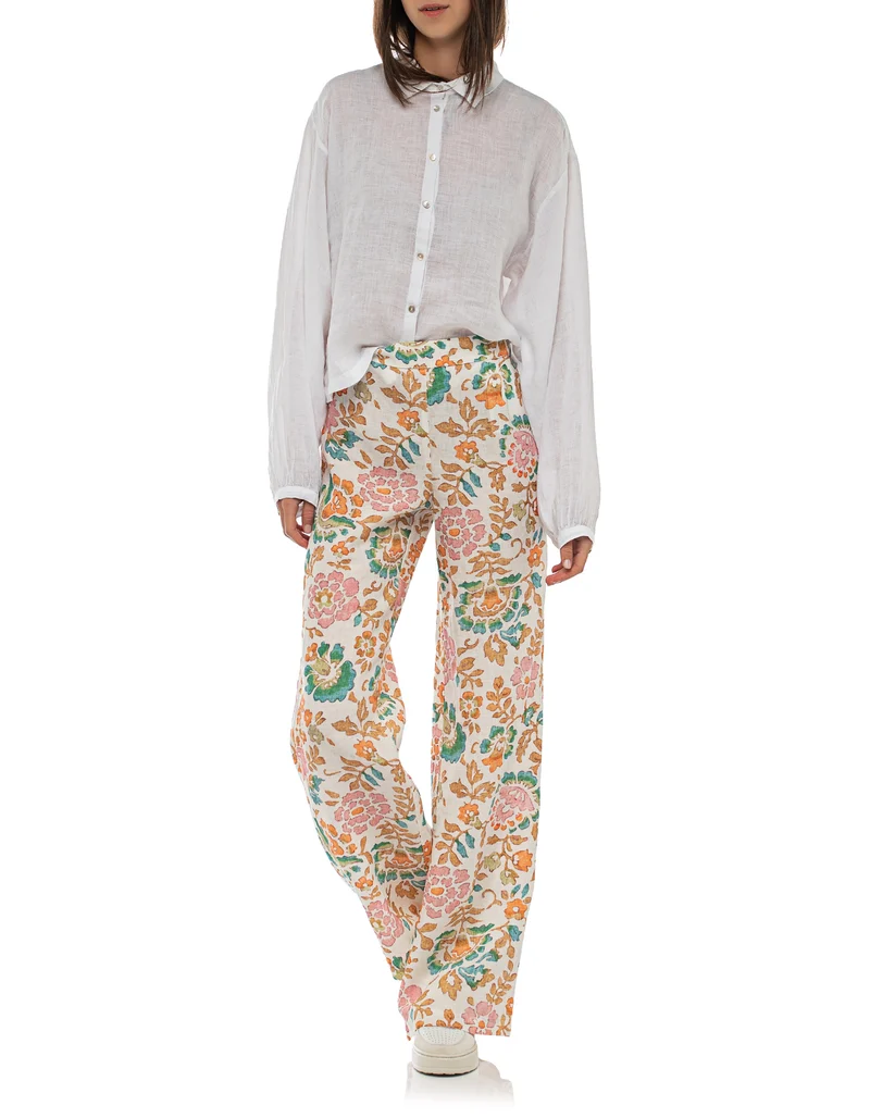 Florale Leinen-Wide-Leg Hose
