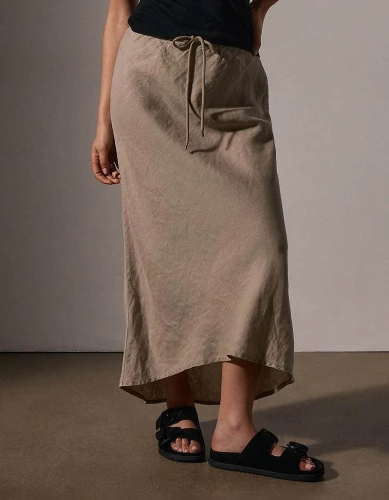 Midi-Leinen-Rock Bias Cut Drawstring