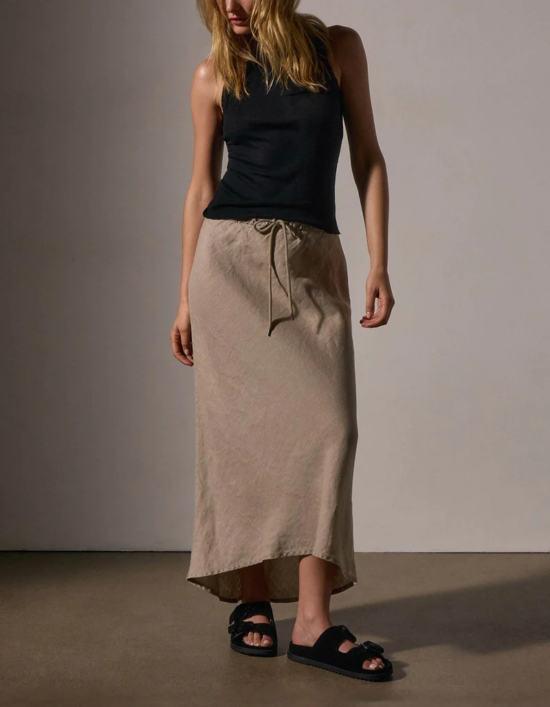 Midi-Leinen-Rock Bias Cut Drawstring