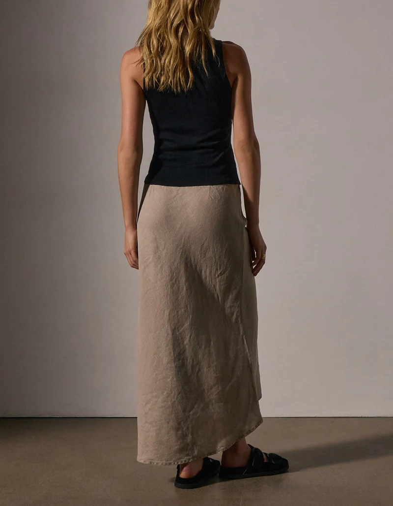 Midi-Leinen-Rock Bias Cut Drawstring