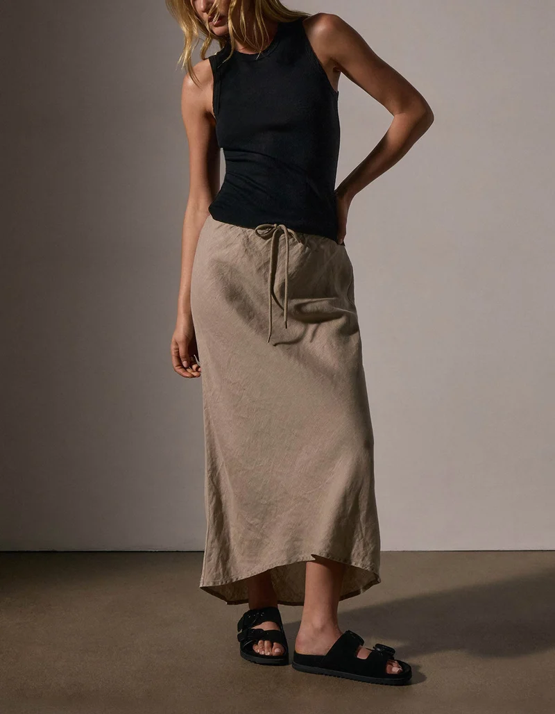 Midi-Leinen-Rock Bias Cut Drawstring