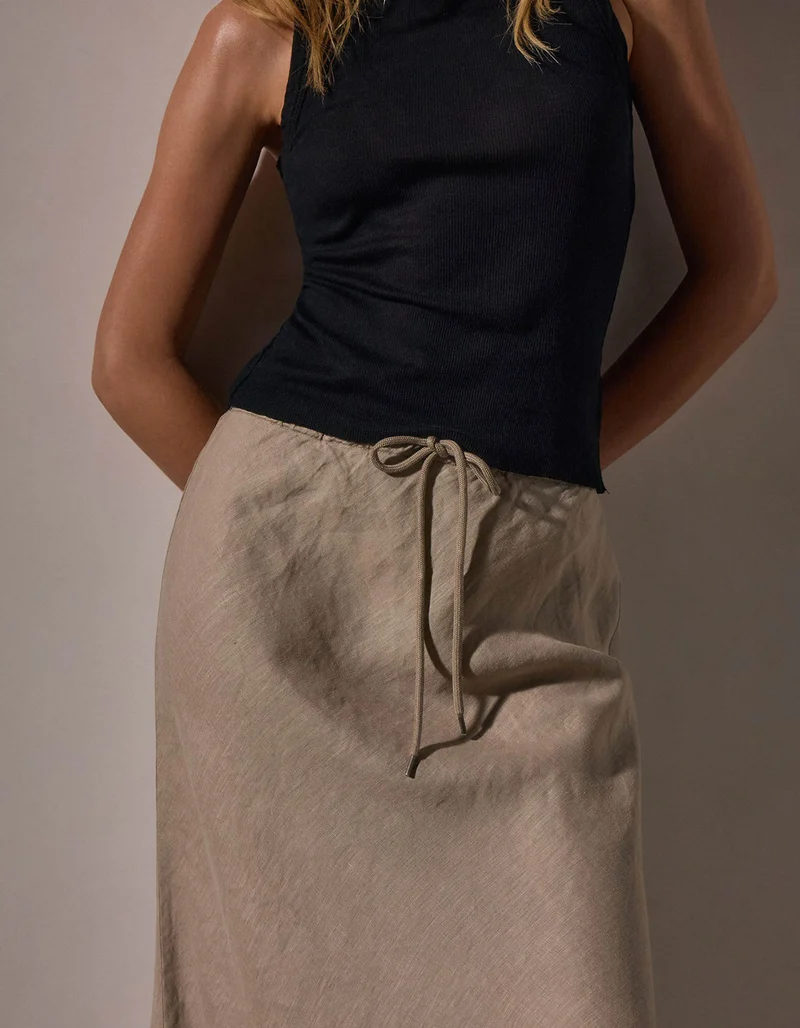 Midi-Leinen-Rock Bias Cut Drawstring