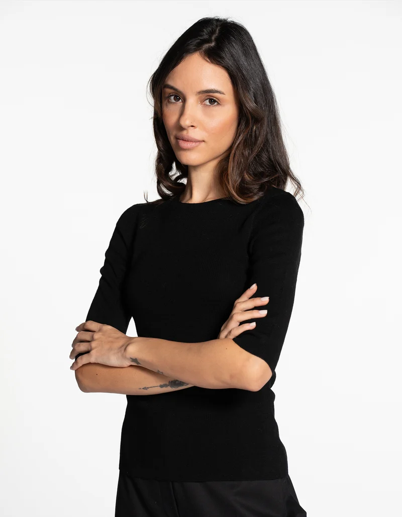 Kurzarm Feinstrick-Pullover aus Merinowolle