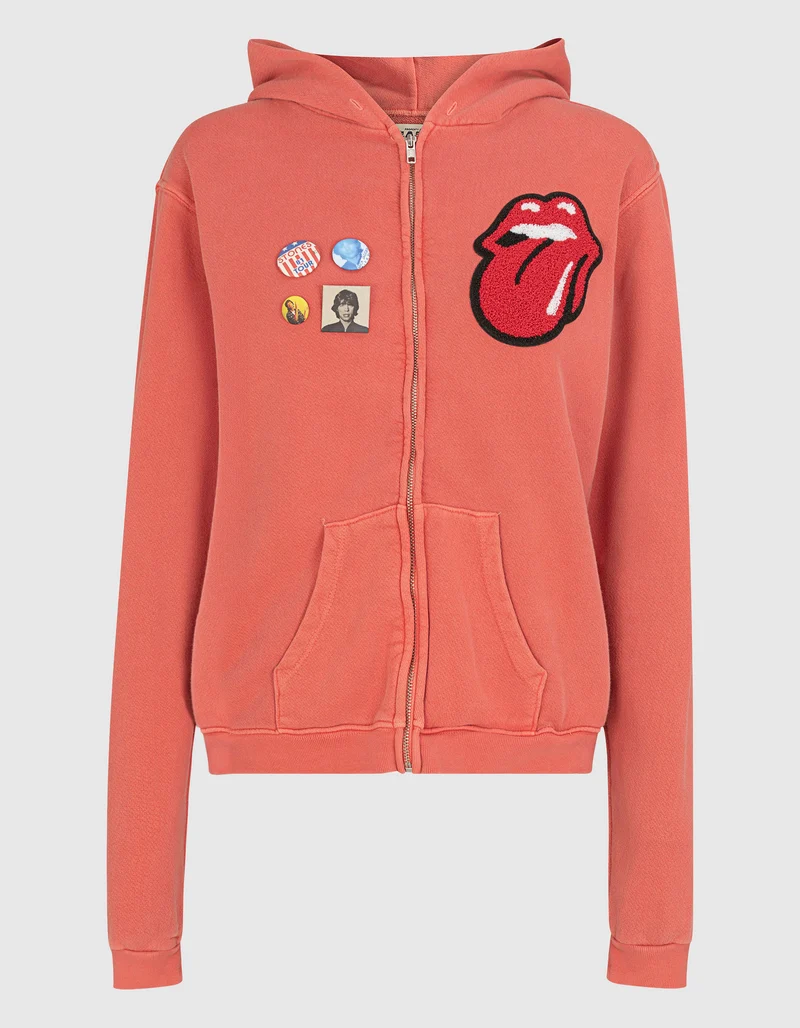 Bestickter Zipper Hoodie mit Buttons im Vintage-Look