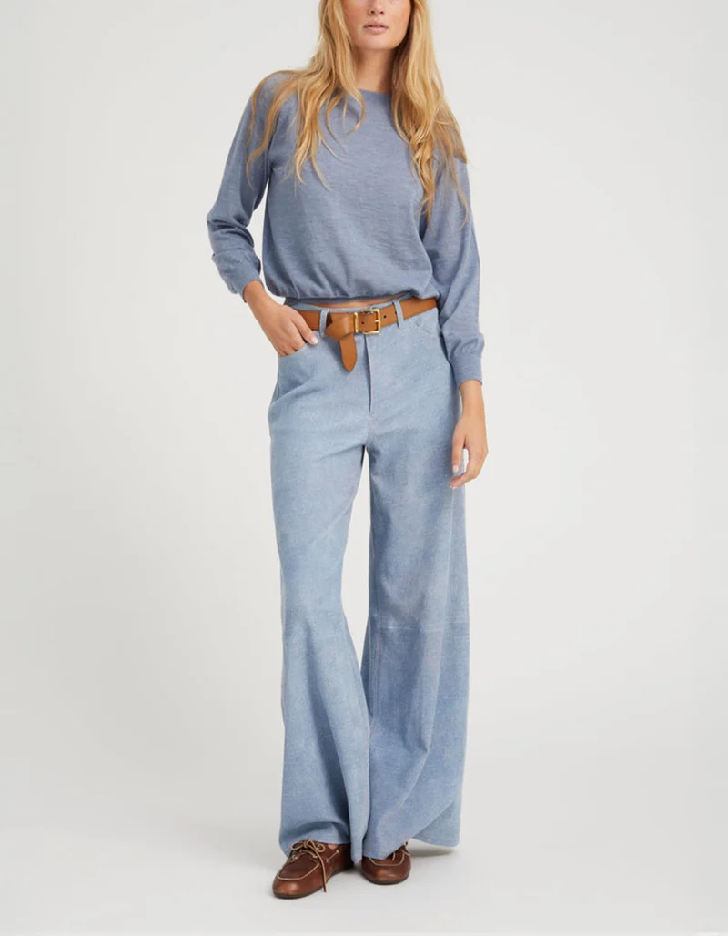 Mid-Rise Wide Lammleder-Hose in Denim-Optik