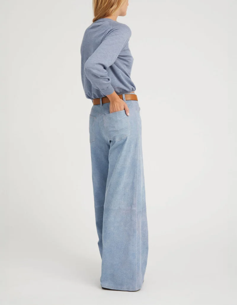 Mid-Rise Wide Lammleder-Hose in Denim-Optik