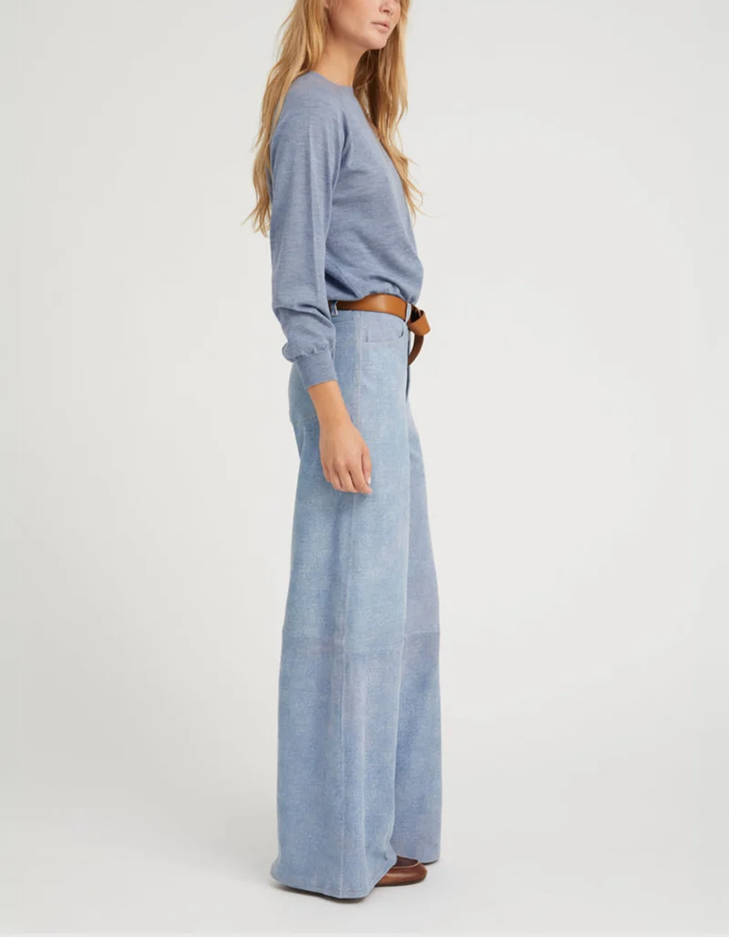 Mid-Rise Wide Lammleder-Hose in Denim-Optik