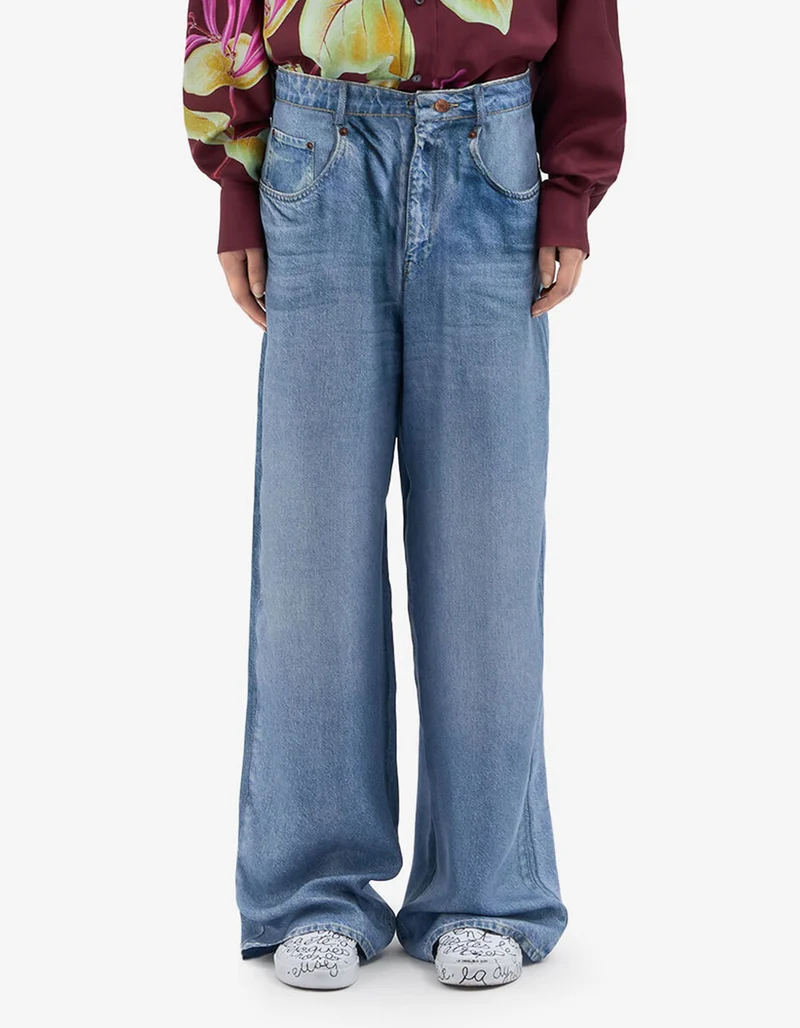Bedruckte Wide-Leg Seiden-Hose im Denim-Design