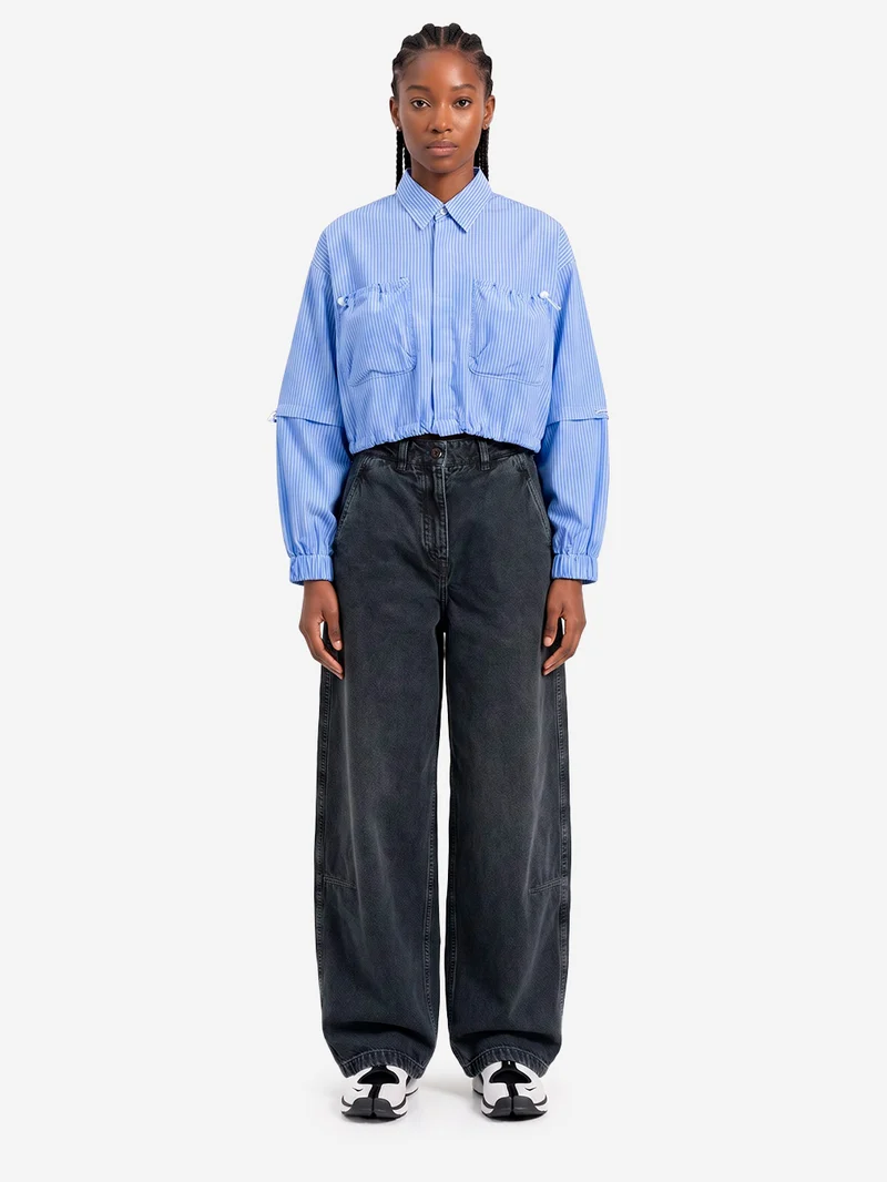 Camicia cropped 'Transform' a righe navy in misto lana