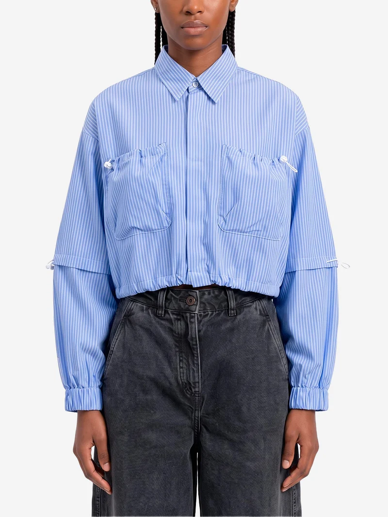 Camicia cropped 'Transform' a righe navy in misto lana