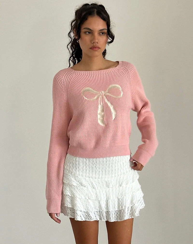 Tami Pullover aus rosa Strick mit weißer Schleifenstickerei