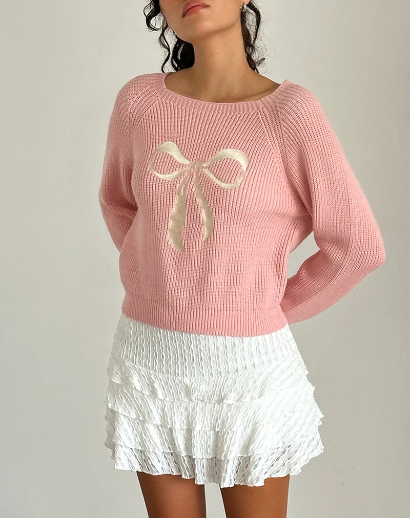 Tami Pullover aus rosa Strick mit weißer Schleifenstickerei