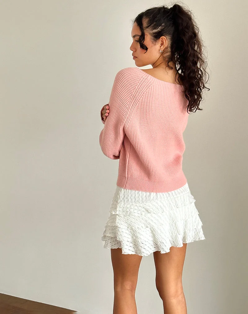 Tami Pullover aus rosa Strick mit weißer Schleifenstickerei