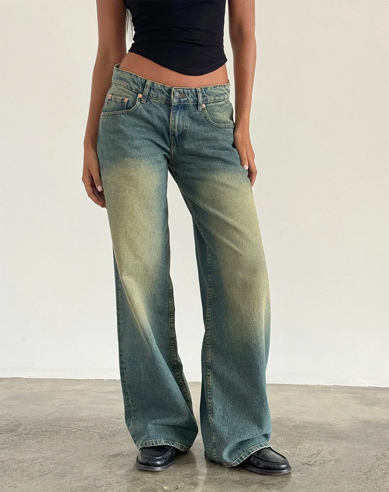 Geräumige extra weite Low Rise Jeans in Mid Used Grün
