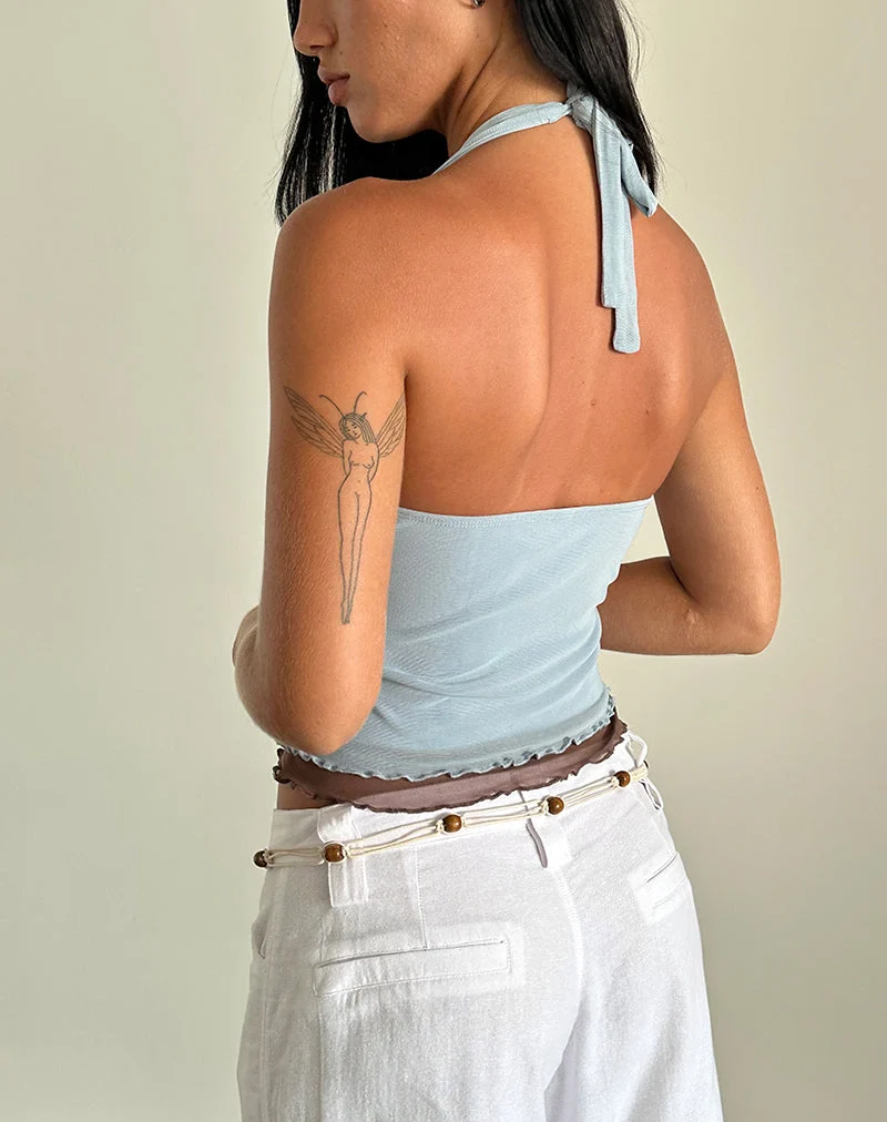 Kubra Neckholder Top aus Mesh Hellblau und Braun