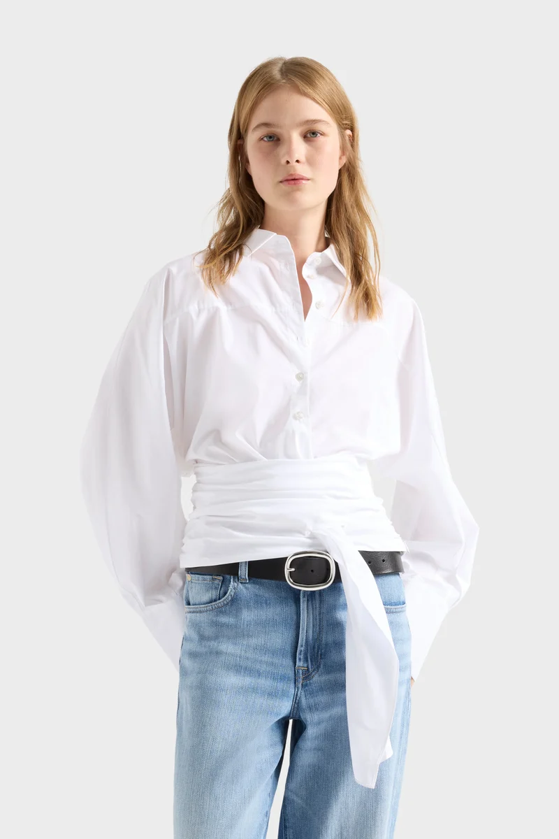 WAIST TIE SHIRT in Poplin Optical White