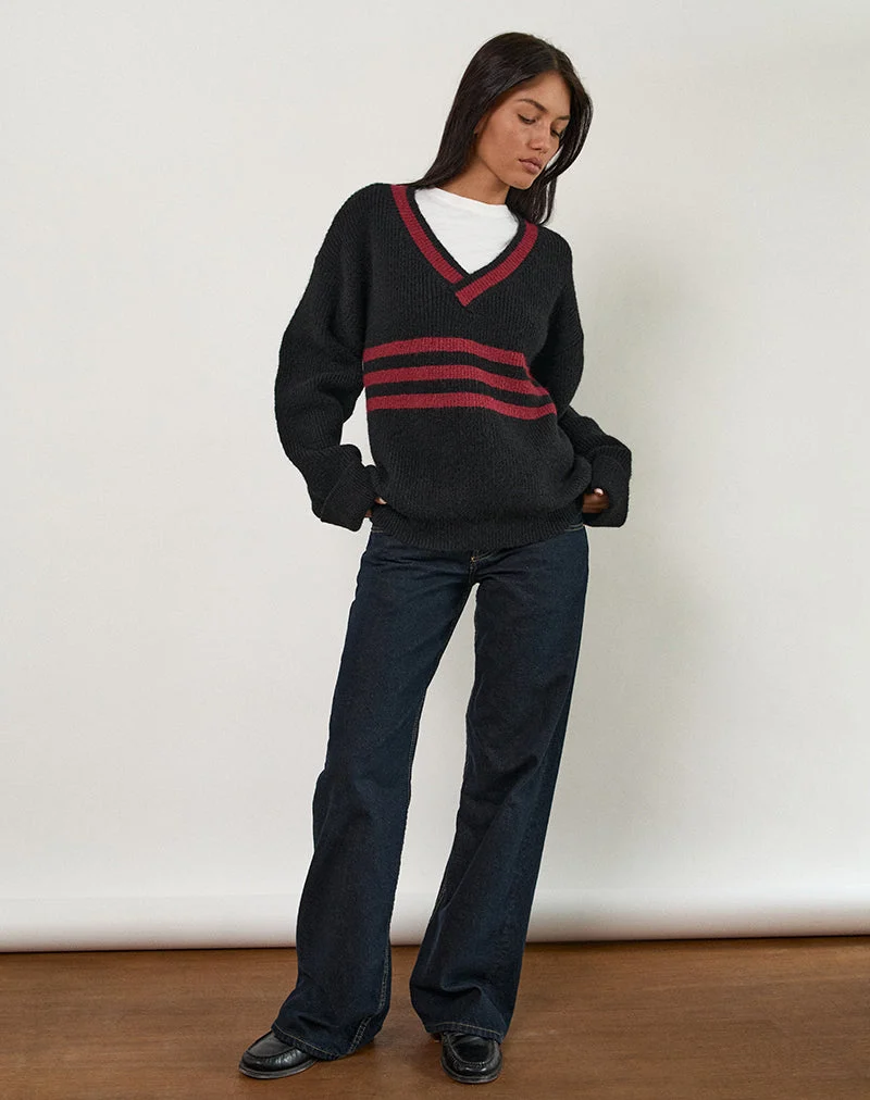 Knitza Pullover in Schwarz mit roten Streifen