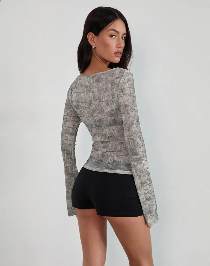 Sheiza Langarm-Top aus transparentem Mesh Grau