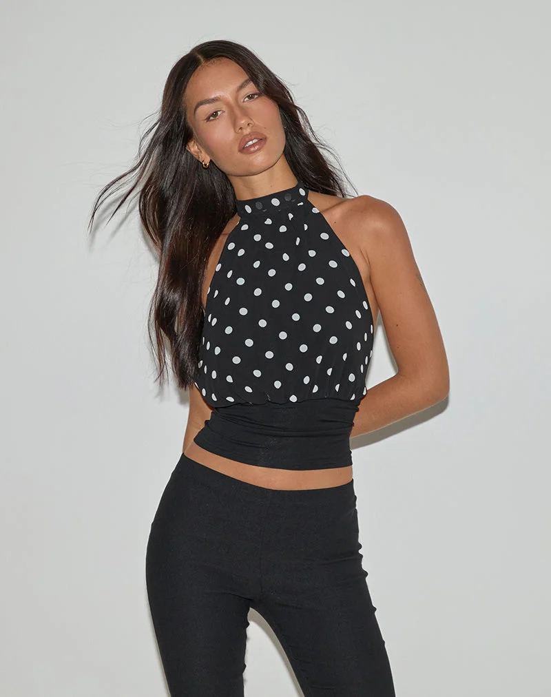 Rania Rückenfreies Top in Schwarz-Weiß mit Polka Dot