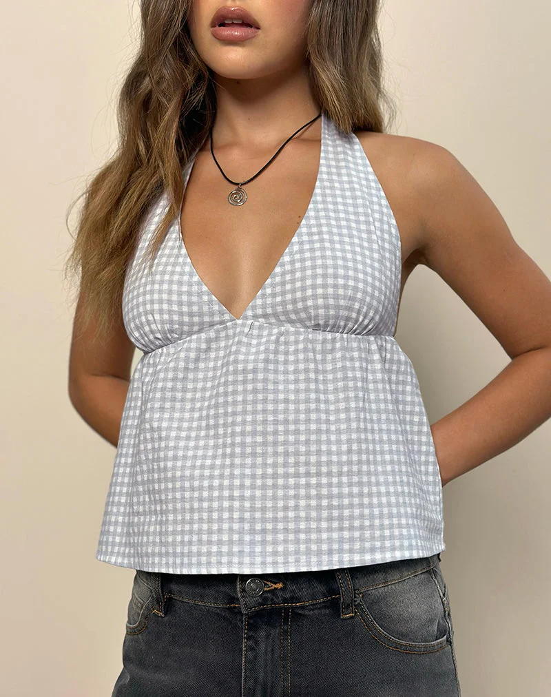 Eldana Neckholder-Top in Mini Gingham Blau und Grau
