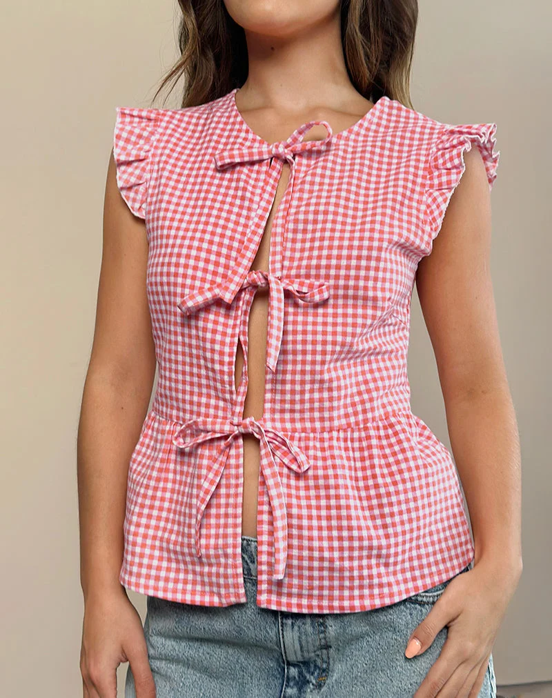Vataka Tie Front Top In Mini Gingham Pfirsich