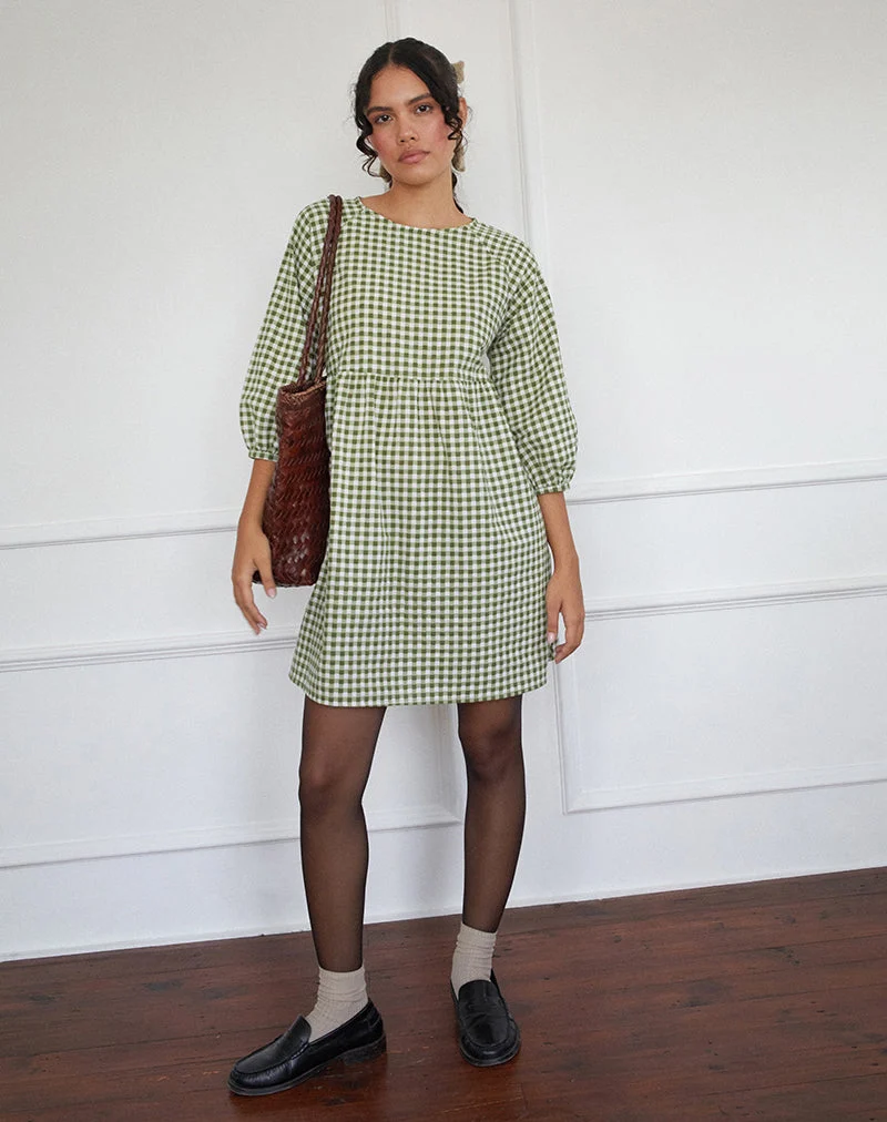 Grace Smock-Minikleid aus olivem Gingham