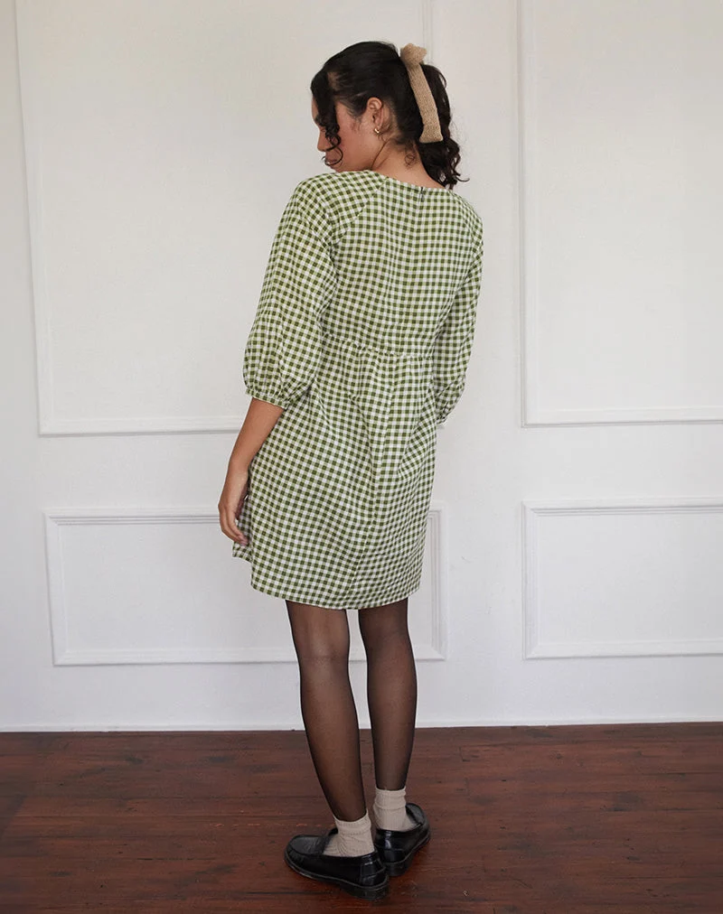 Grace Smock-Minikleid aus olivem Gingham