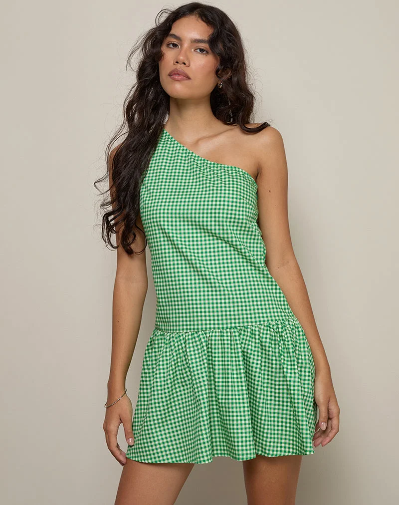 Munasa One Shoulder Minikleid in Mini Gingham Grün