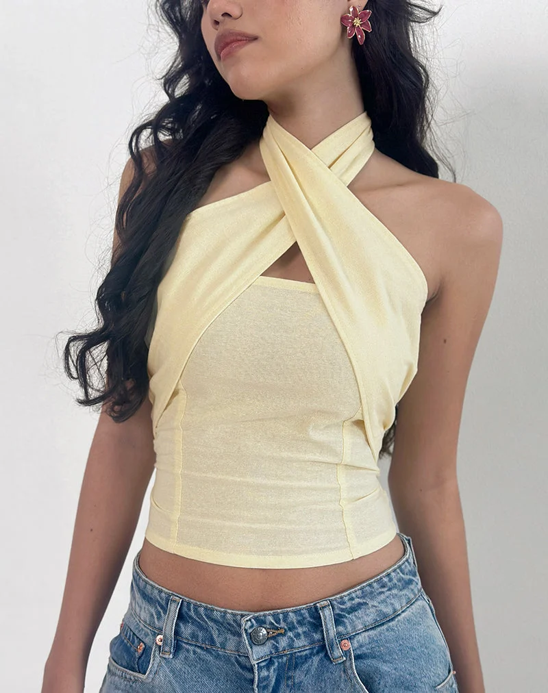 Lasy Leinen Wrap Neckholder Top in Lemon