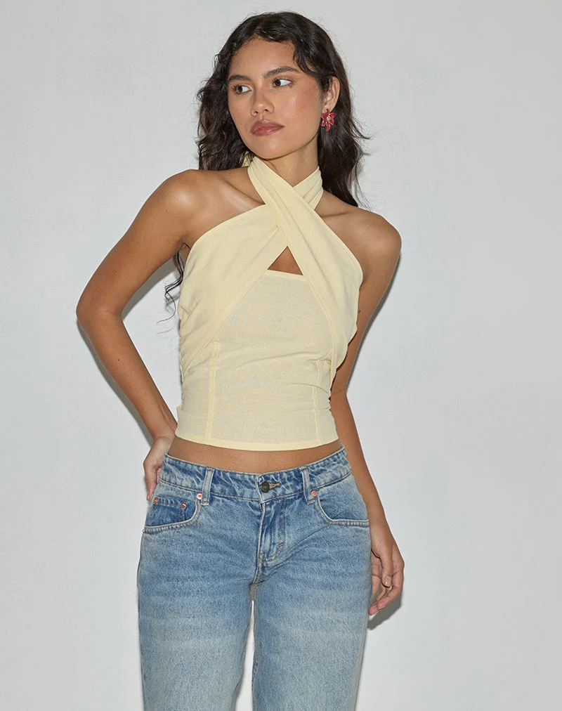Lasy Leinen Wrap Neckholder Top in Lemon