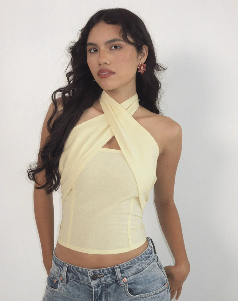 Lasy Leinen Wrap Neckholder Top in Lemon