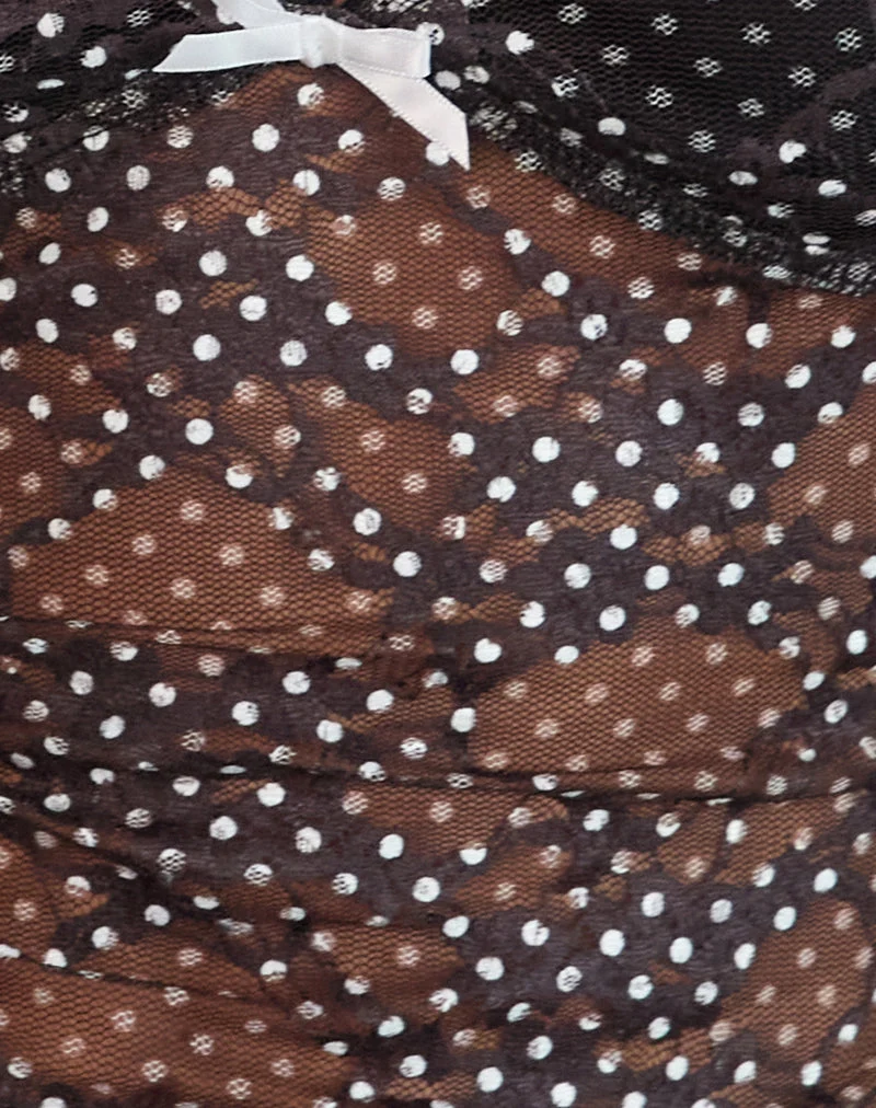 Rumaysa Cami Top in Mini Polka Schwarz und Weiß Bedruckte Spitze
