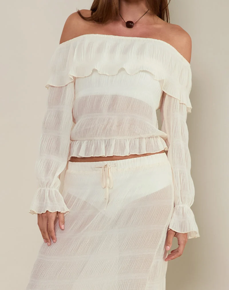 Kalena Langärmeliges Bardot-Top aus Chiffon Plissee Elfenbein