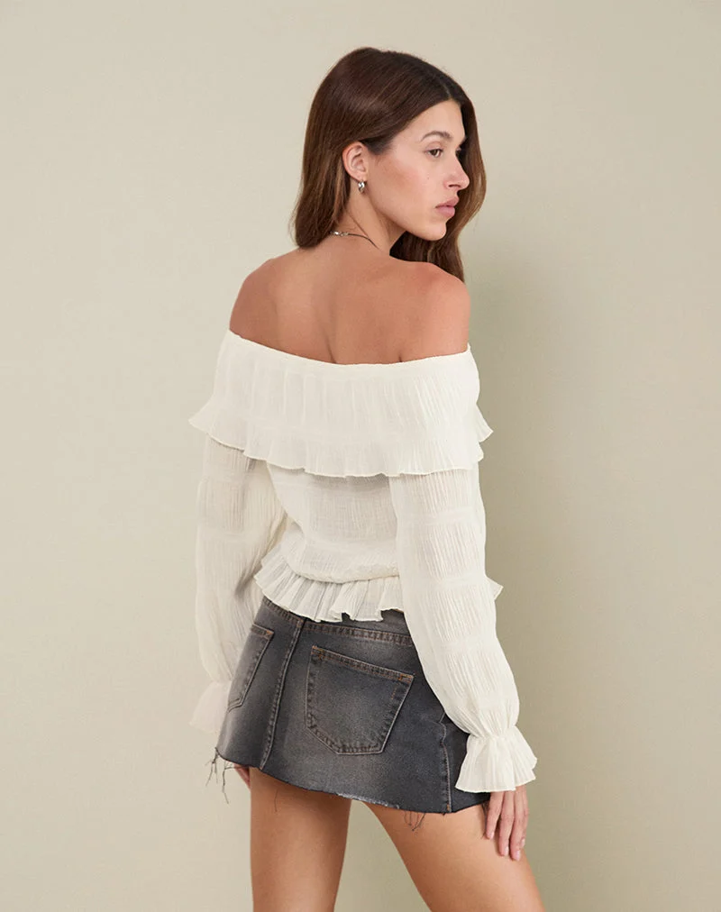 Kalena Langärmeliges Bardot-Top aus Chiffon Plissee Elfenbein