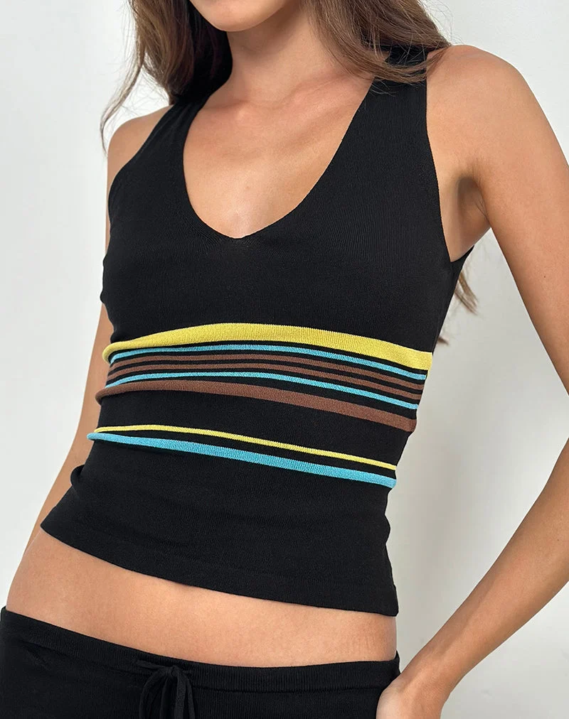 Natcha Vest Top in Schwarz mit braunen und blauen Streifen