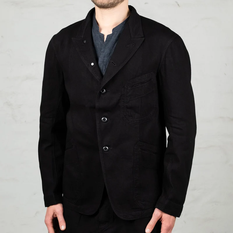 Peak Lapel Denim Lounge Jacket Cotton Hemp Lightweight Denim Black
