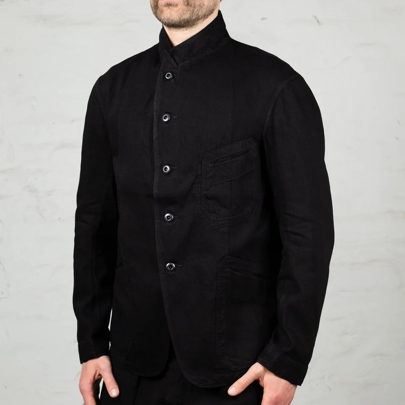 Peak Lapel Denim Lounge Jacket Cotton Hemp Lightweight Denim Black